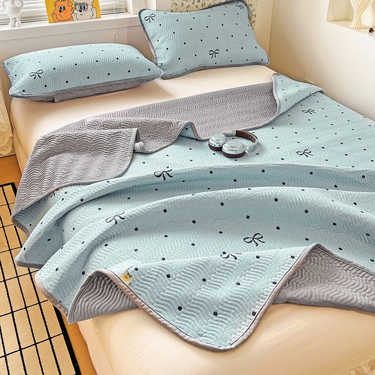 91家纺网 家纺一手货源 找家纺 （总）梦精灵 2025新款棉加绒床盖全棉学生床夹棉床盖双面可用纯棉床单（棉加绒枕套）