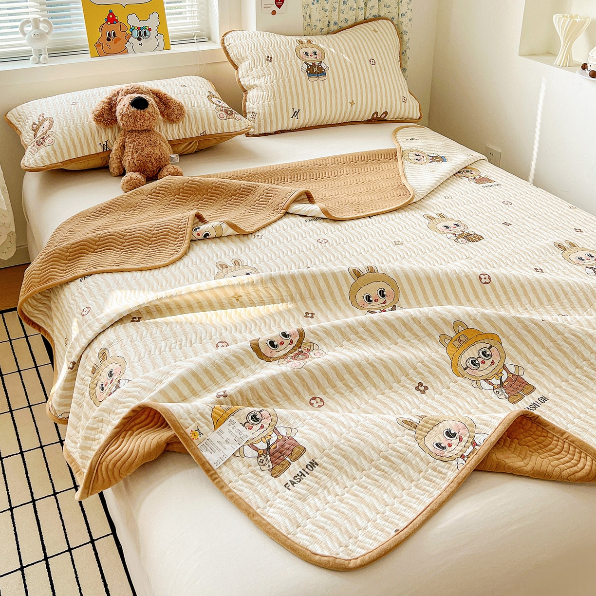 91家纺网 家纺一手货源 找家纺 （总）梦精灵 2025新款棉加绒床盖全棉学生床夹棉床盖双面可用纯棉床单（棉加绒枕套）