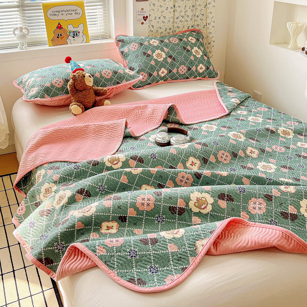 91家纺网 家纺一手货源 找家纺 （总）梦精灵 2025新款棉加绒床盖全棉学生床夹棉床盖双面可用纯棉床单（棉加绒枕套）