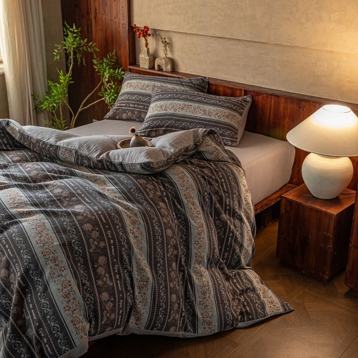 91家纺网 家纺一手货源 找家纺 （总）仰望棉麻双层纱供应链 2025新款冬日繁花全棉色织提花双层纱四件套