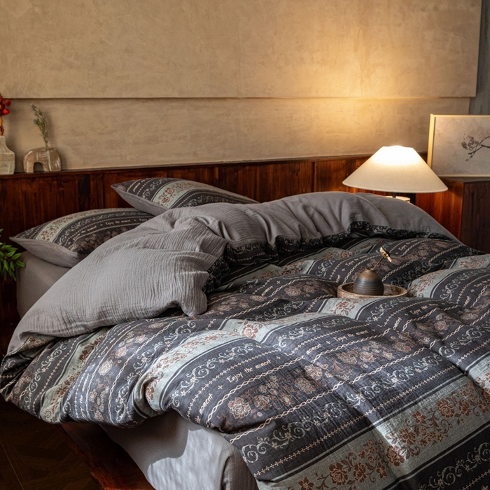 91家纺网 家纺一手货源 找家纺 （总）仰望棉麻双层纱供应链 2025新款冬日繁花全棉色织提花双层纱四件套