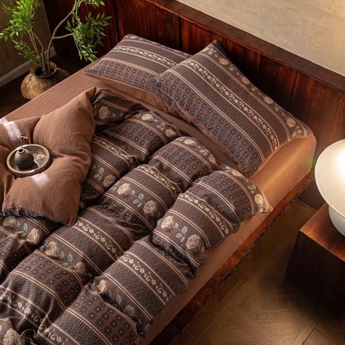 91家纺网 家纺一手货源 找家纺 （总）仰望棉麻双层纱供应链 2025新款浪琴暮歌全棉色织提花双层纱四件套