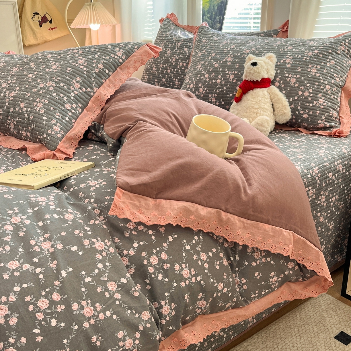 优悦生活馆 2025新款全棉花边床盖四件套 花田