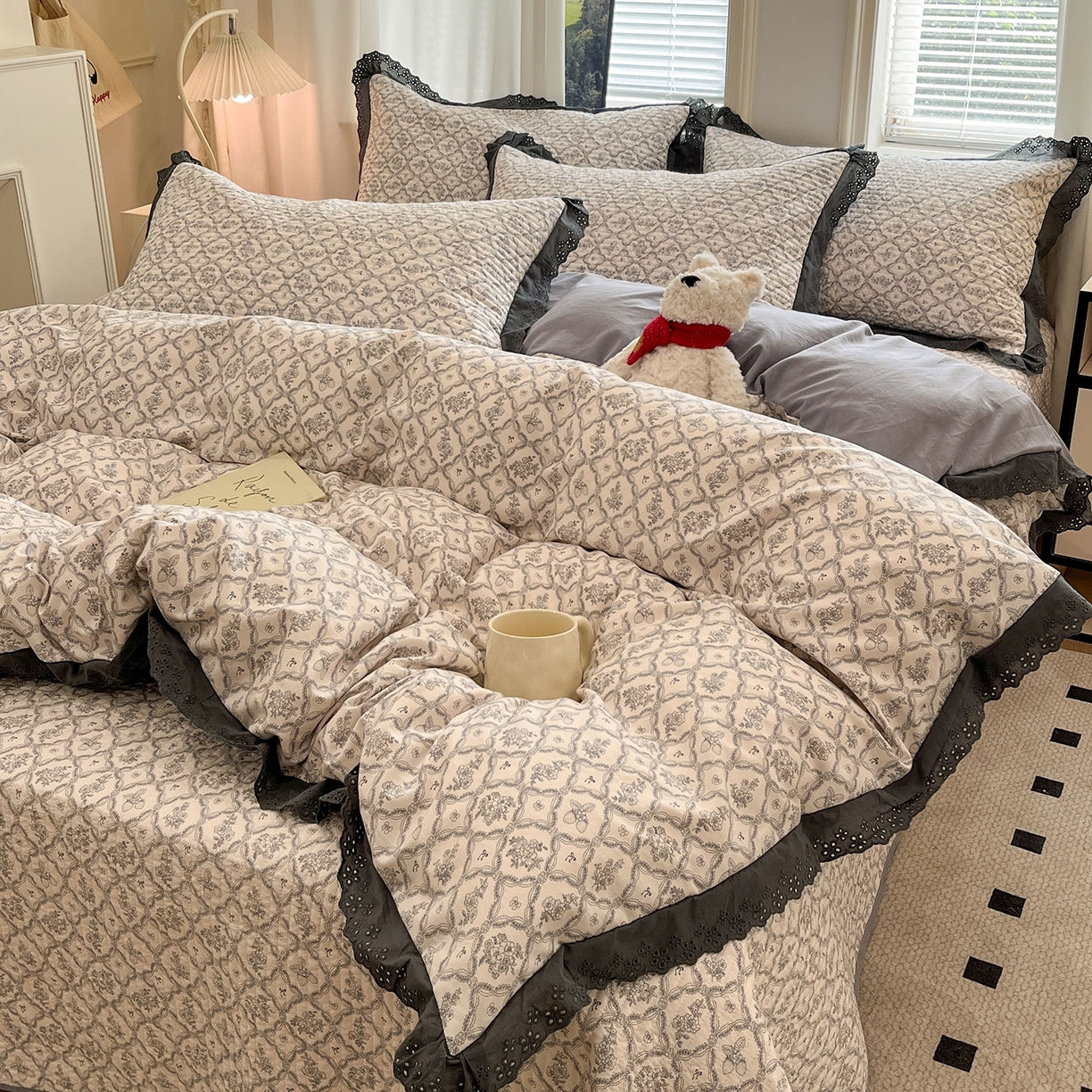 91家纺网 家纺一手货源 找家纺 优悦生活馆 2025新款全棉花边床盖四件套 安娜