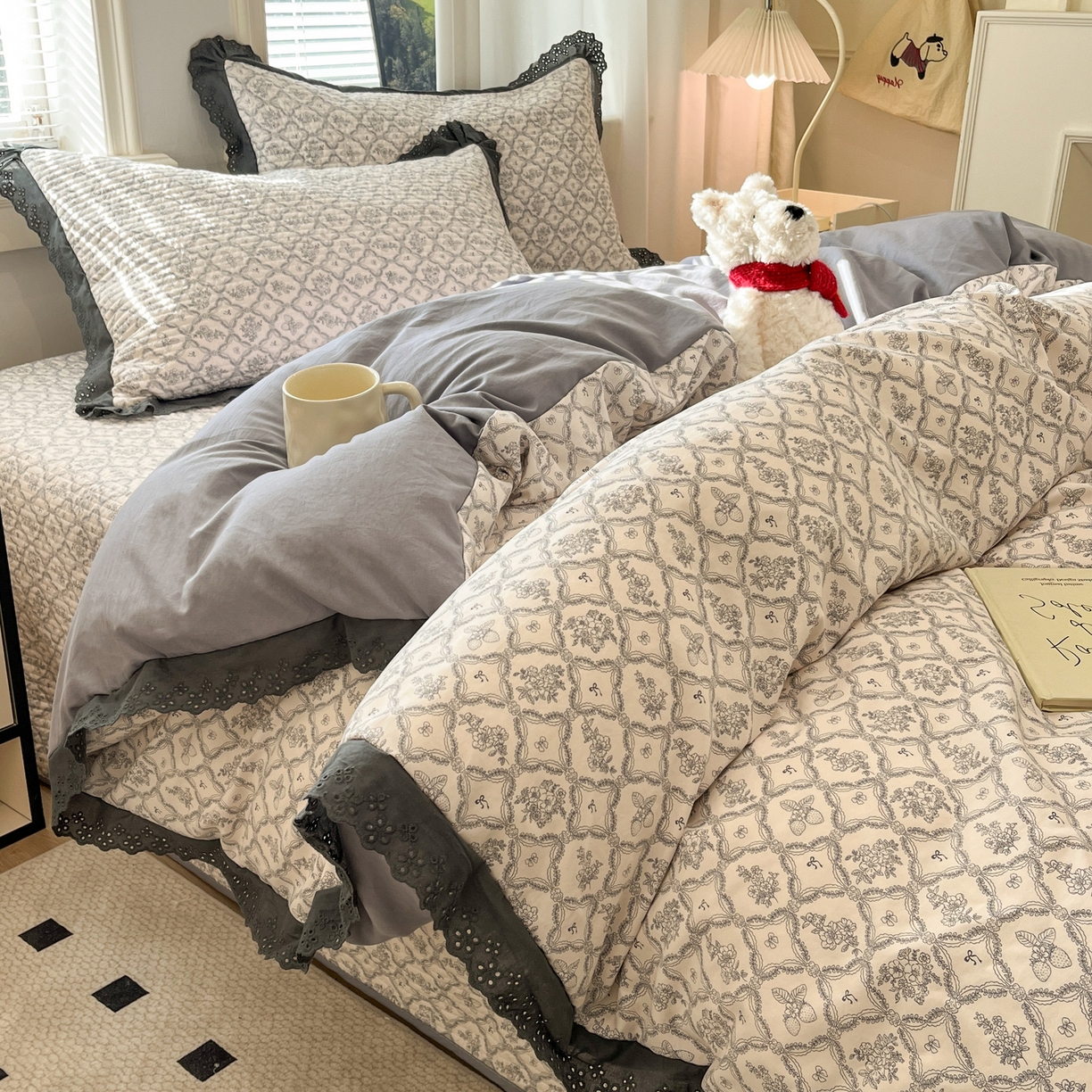 91家纺网 家纺一手货源 找家纺 优悦生活馆 2025新款全棉花边床盖四件套 安娜