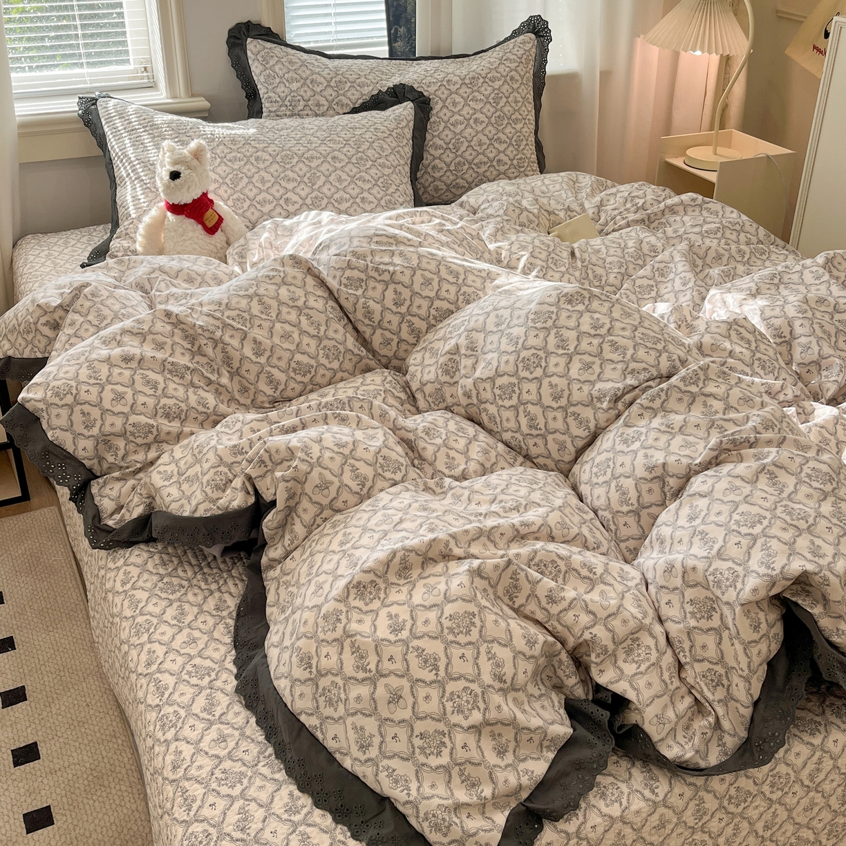 91家纺网 家纺一手货源 找家纺 优悦生活馆 2025新款全棉花边床盖四件套 安娜