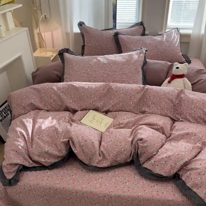 91家纺网 家纺一手货源 找家纺 优悦生活馆 2025新款全棉花边床盖四件套 暖意