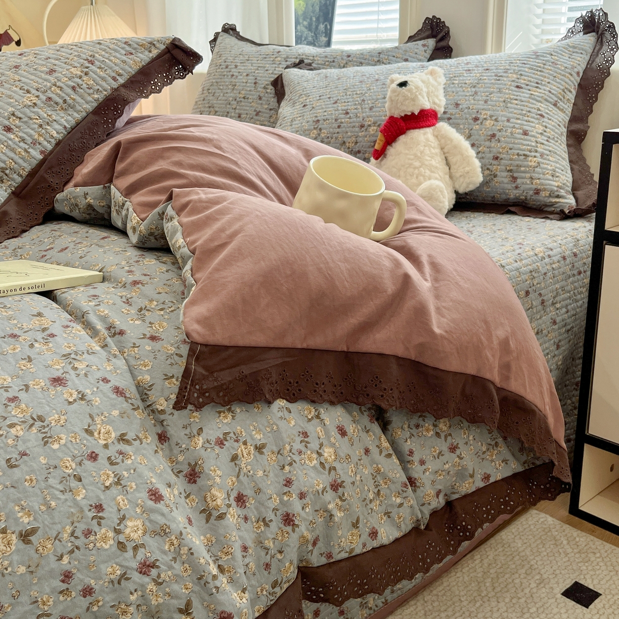 优悦生活馆 2025新款全棉花边床盖四件套 铜秋