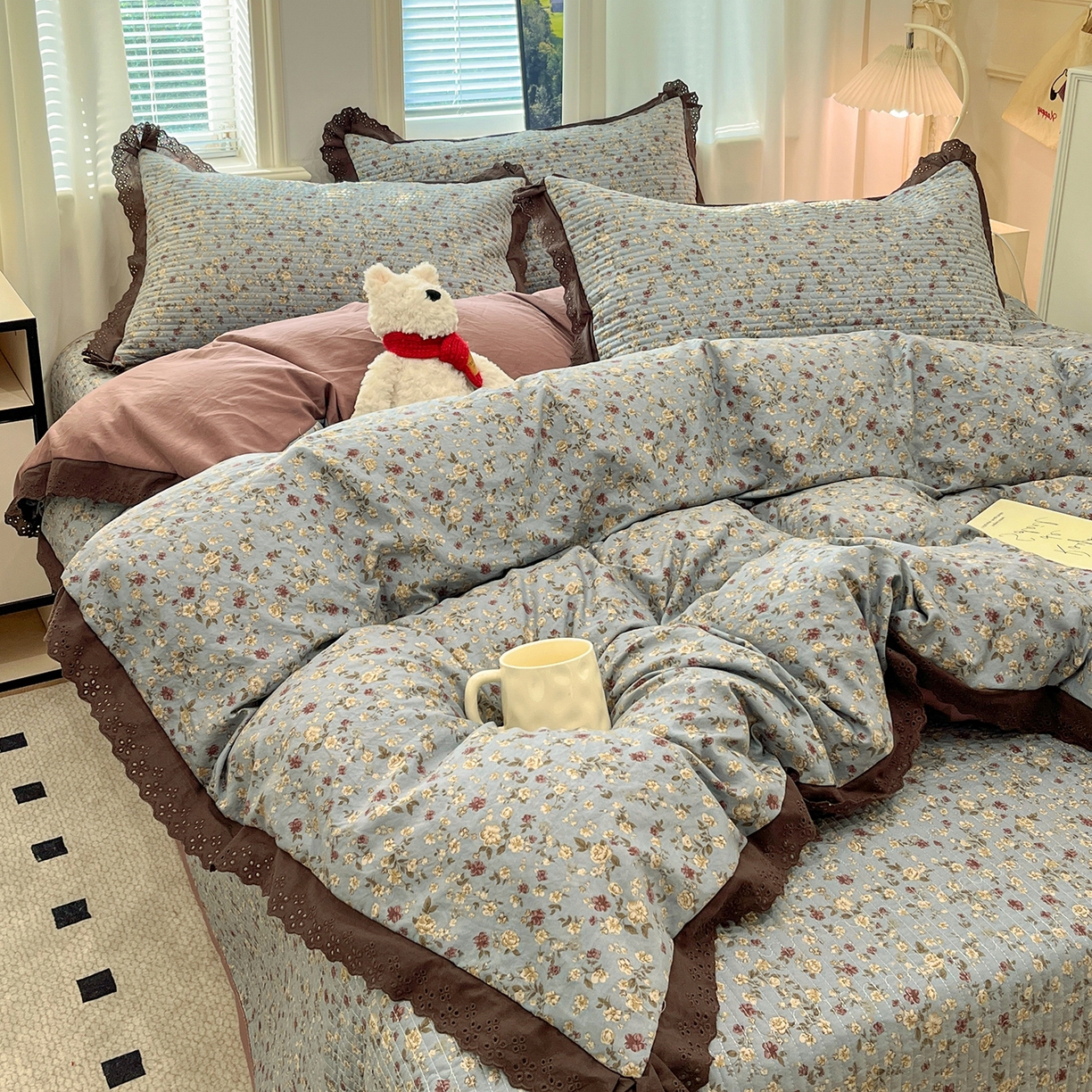 91家纺网 家纺一手货源 找家纺 优悦生活馆 2025新款全棉花边床盖四件套 铜秋