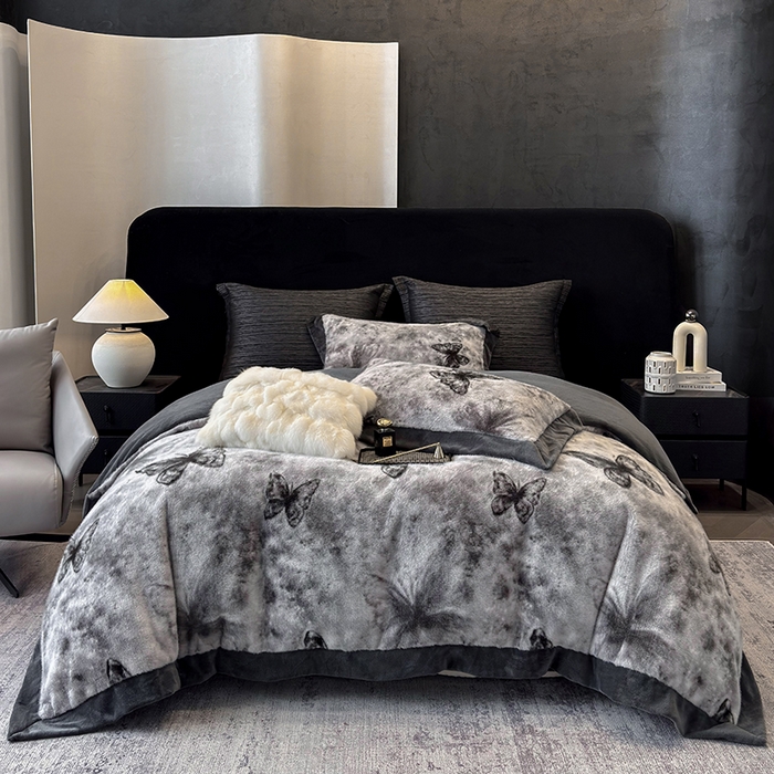 91家纺网 家纺一手货源 找家纺 若未家居 LOVEWE HOUSE 2025新款蝴蝶风仿真貂绒床盖四件套A版400克B版260克-月光女神 月光女神 星空灰