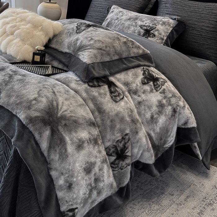91家纺网 家纺一手货源 找家纺 若未家居 LOVEWE HOUSE 2025新款蝴蝶风仿真貂绒床盖四件套A版400克B版260克-月光女神 月光女神 星空灰