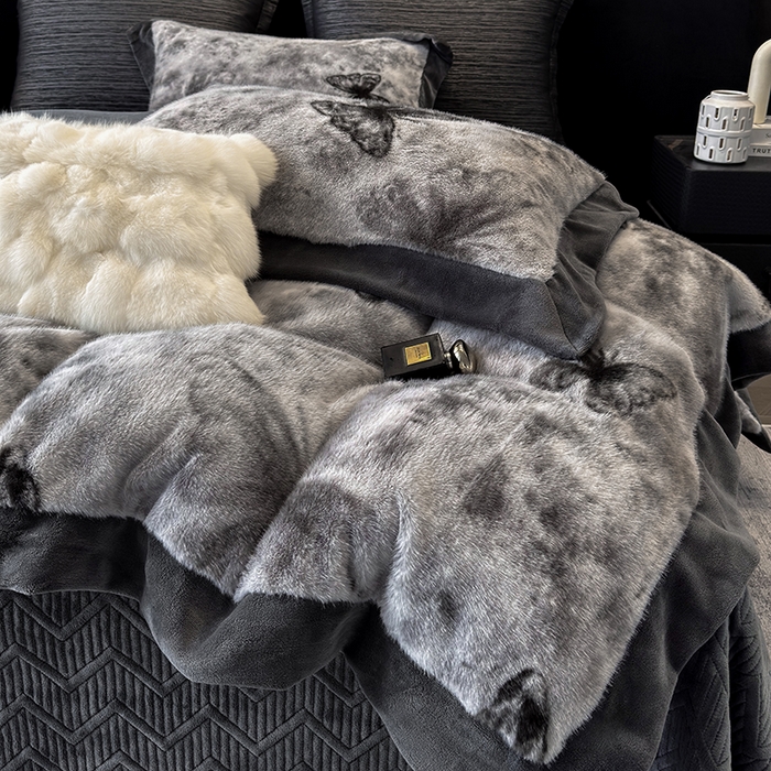 91家纺网 家纺一手货源 找家纺 若未家居 LOVEWE HOUSE 2025新款蝴蝶风仿真貂绒床盖四件套A版400克B版260克-月光女神 月光女神 星空灰