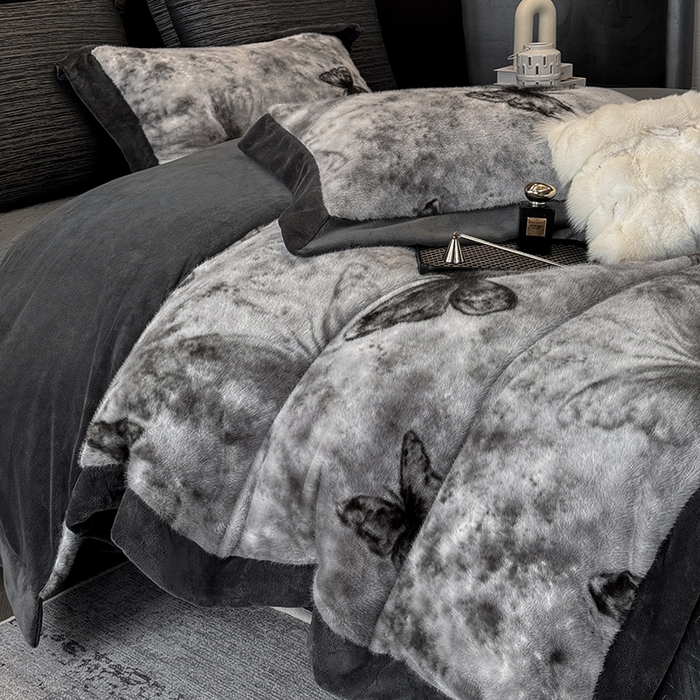 91家纺网 家纺一手货源 找家纺 若未家居 LOVEWE HOUSE 2025新款蝴蝶风仿真貂绒床盖四件套A版400克B版260克-月光女神 月光女神 星空灰