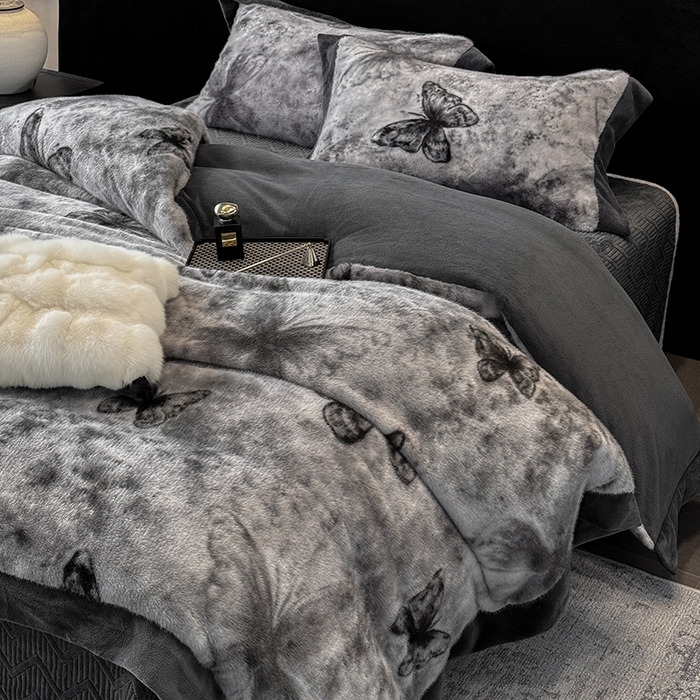 91家纺网 家纺一手货源 找家纺 若未家居 LOVEWE HOUSE 2025新款蝴蝶风仿真貂绒床盖四件套A版400克B版260克-月光女神 月光女神 星空灰