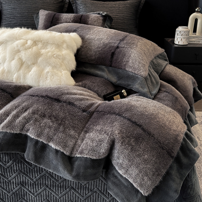 91家纺网 家纺一手货源 找家纺 若未家居 LOVEWE HOUSE 2025新款轻奢意式风仿真貂绒床盖四件套A版400克B版260克-北国雪乡 北国雪乡 暗夜灰