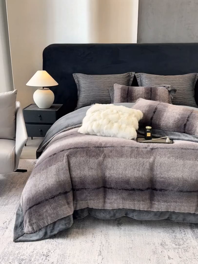 91家纺网 家纺一手货源 找家纺 若未家居 LOVEWE HOUSE 2025新款轻奢意式风仿真貂绒床盖四件套A版400克B版260克-北国雪乡 北国雪乡 暗夜灰