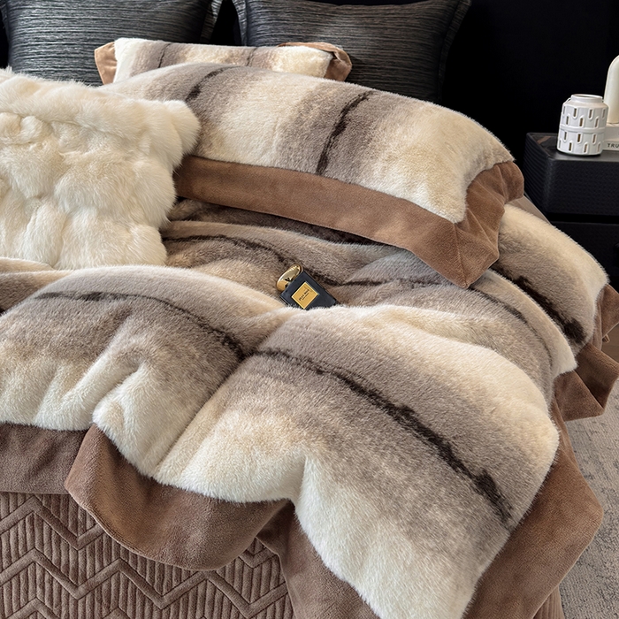 91家纺网 家纺一手货源 找家纺 若未家居 LOVEWE HOUSE 2025新款轻奢意式风仿真貂绒床盖四件套A版400克B版260克-北国雪乡 北国雪乡 咖