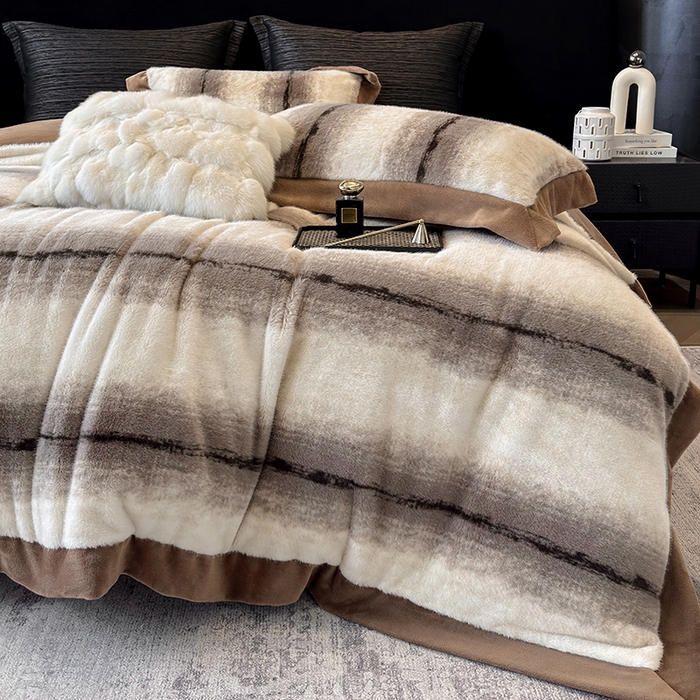 91家纺网 家纺一手货源 找家纺 若未家居 LOVEWE HOUSE 2025新款轻奢意式风仿真貂绒床盖四件套A版400克B版260克-北国雪乡 北国雪乡 咖