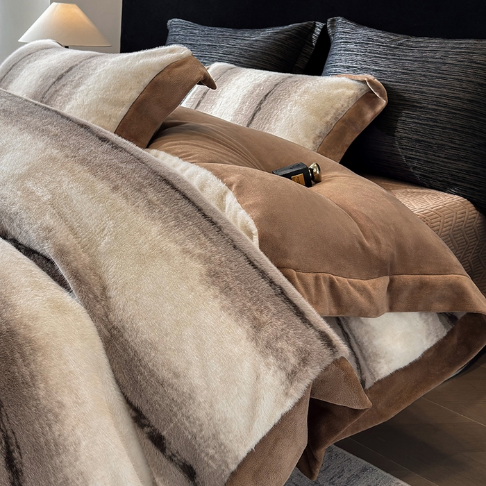 91家纺网 家纺一手货源 找家纺 若未家居 LOVEWE HOUSE 2025新款轻奢意式风仿真貂绒床盖四件套A版400克B版260克-北国雪乡 北国雪乡 咖