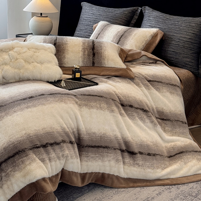 91家纺网 家纺一手货源 找家纺 若未家居 LOVEWE HOUSE 2025新款轻奢意式风仿真貂绒床盖四件套A版400克B版260克-北国雪乡 北国雪乡 咖