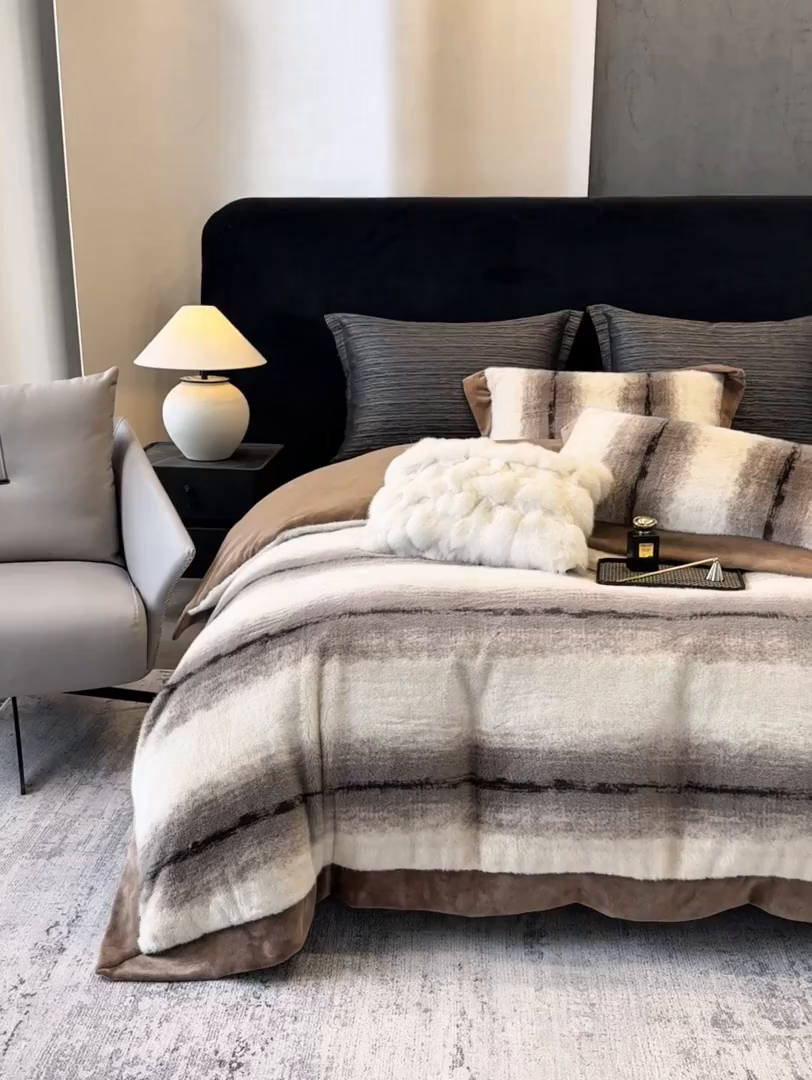 91家纺网 家纺一手货源 找家纺 若未家居 LOVEWE HOUSE 2025新款轻奢意式风仿真貂绒床盖四件套A版400克B版260克-北国雪乡 北国雪乡 咖