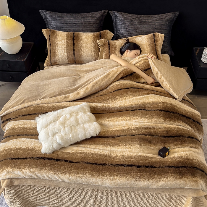 91家纺网 家纺一手货源 找家纺 若未家居 LOVEWE HOUSE 2025新款轻奢意式风仿真貂绒床盖四件套A版400克B版260克-北国雪乡 北国雪乡 驼