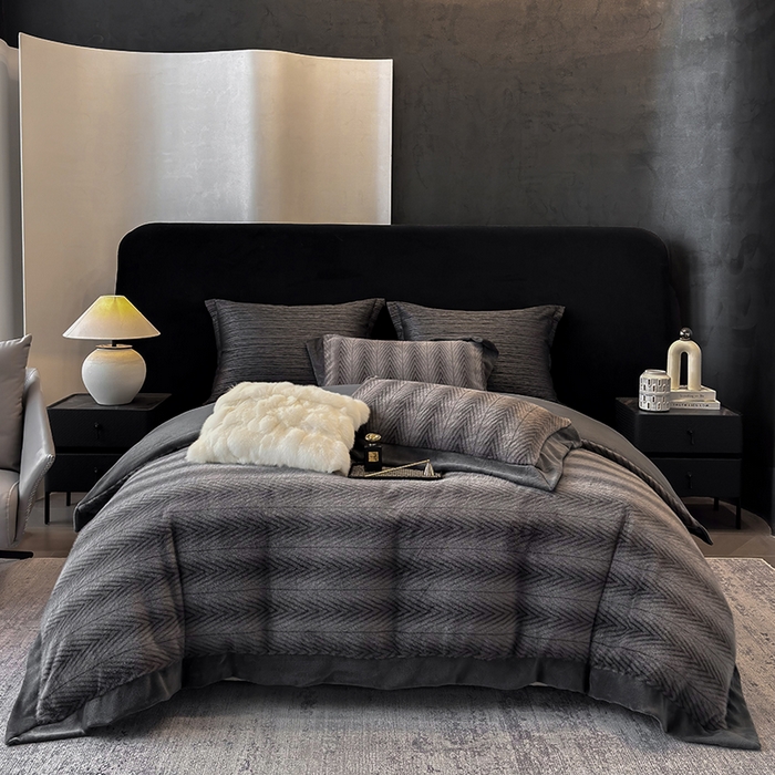 91家纺网 家纺一手货源 找家纺 若未家居 LOVEWE HOUSE 2025新款轻奢中古风风仿真貂绒床盖四件套A版400克B版260克-阿波罗 阿波罗 耀夜黑