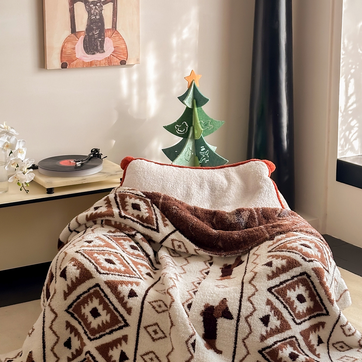 91家纺网 家纺一手货源 找家纺 多乐娜 2025新款原创设计半边绒毛毯盖毯沙发毯毯子 费尔岛咖