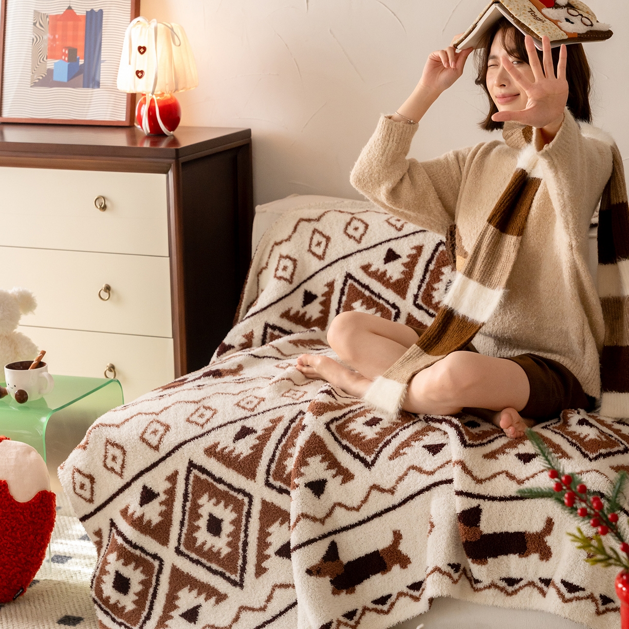 91家纺网 家纺一手货源 找家纺 多乐娜 2025新款原创设计半边绒毛毯盖毯沙发毯毯子 费尔岛咖