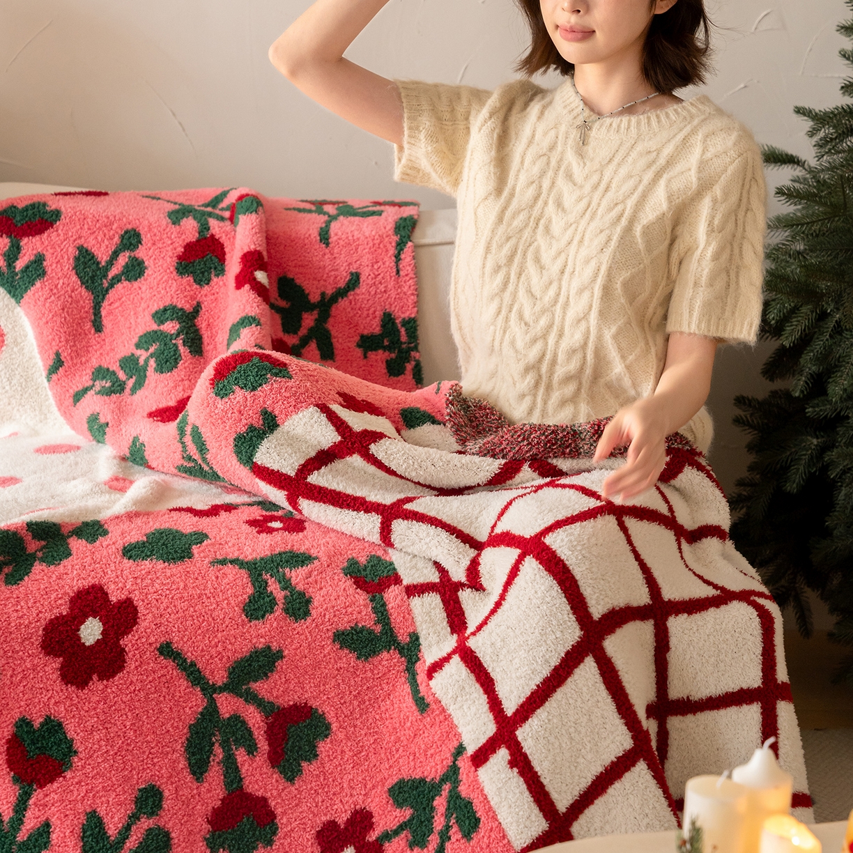 91家纺网 家纺一手货源 找家纺 多乐娜 2025新款原创设计半边绒毛毯盖毯沙发毯毯子 花漾溪岸