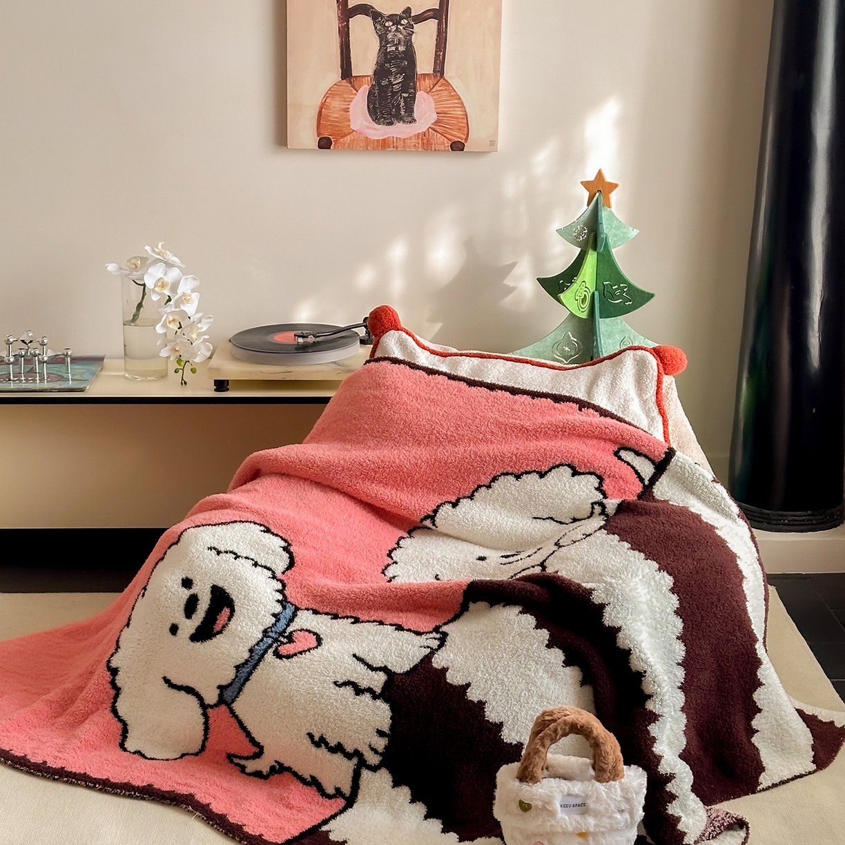 多乐娜 2025新款原创设计半边绒毛毯盖毯沙发毯毯子 奶棕萌汪