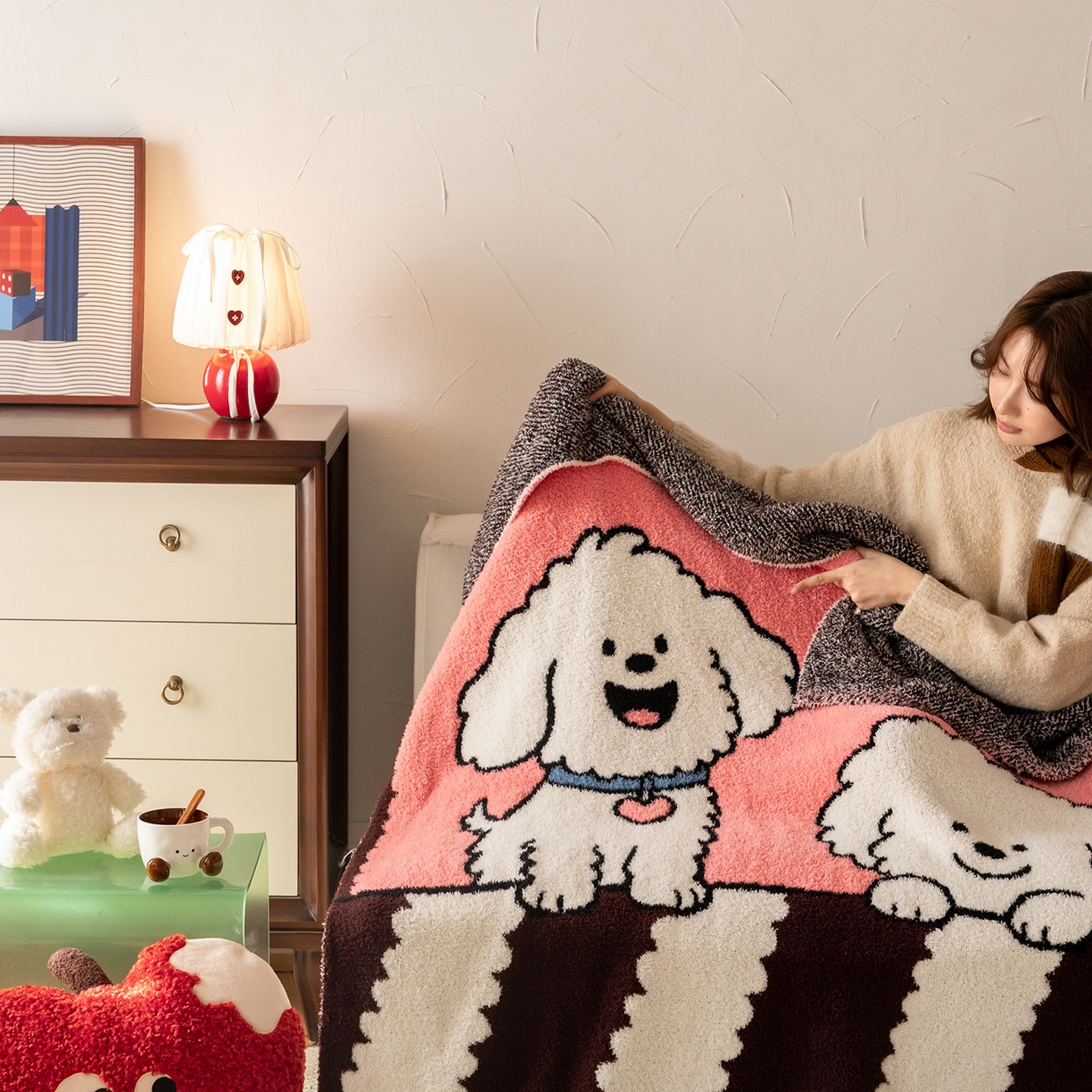 91家纺网 家纺一手货源 找家纺 多乐娜 2025新款原创设计半边绒毛毯盖毯沙发毯毯子 奶棕萌汪