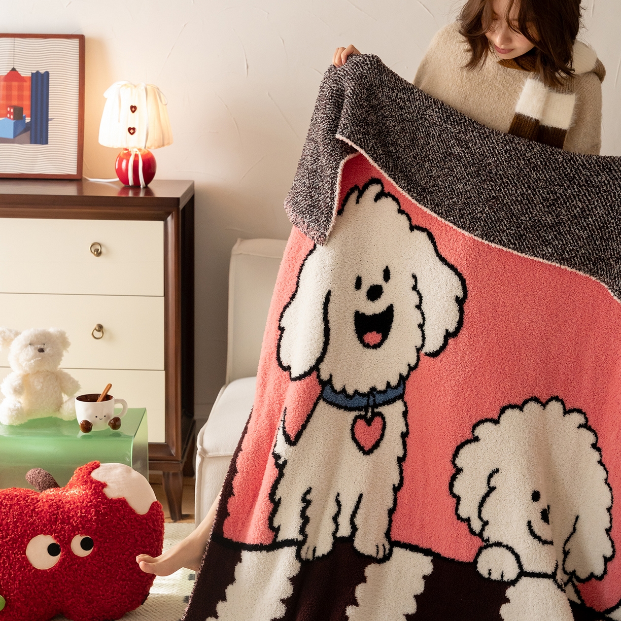 91家纺网 家纺一手货源 找家纺 多乐娜 2025新款原创设计半边绒毛毯盖毯沙发毯毯子 奶棕萌汪