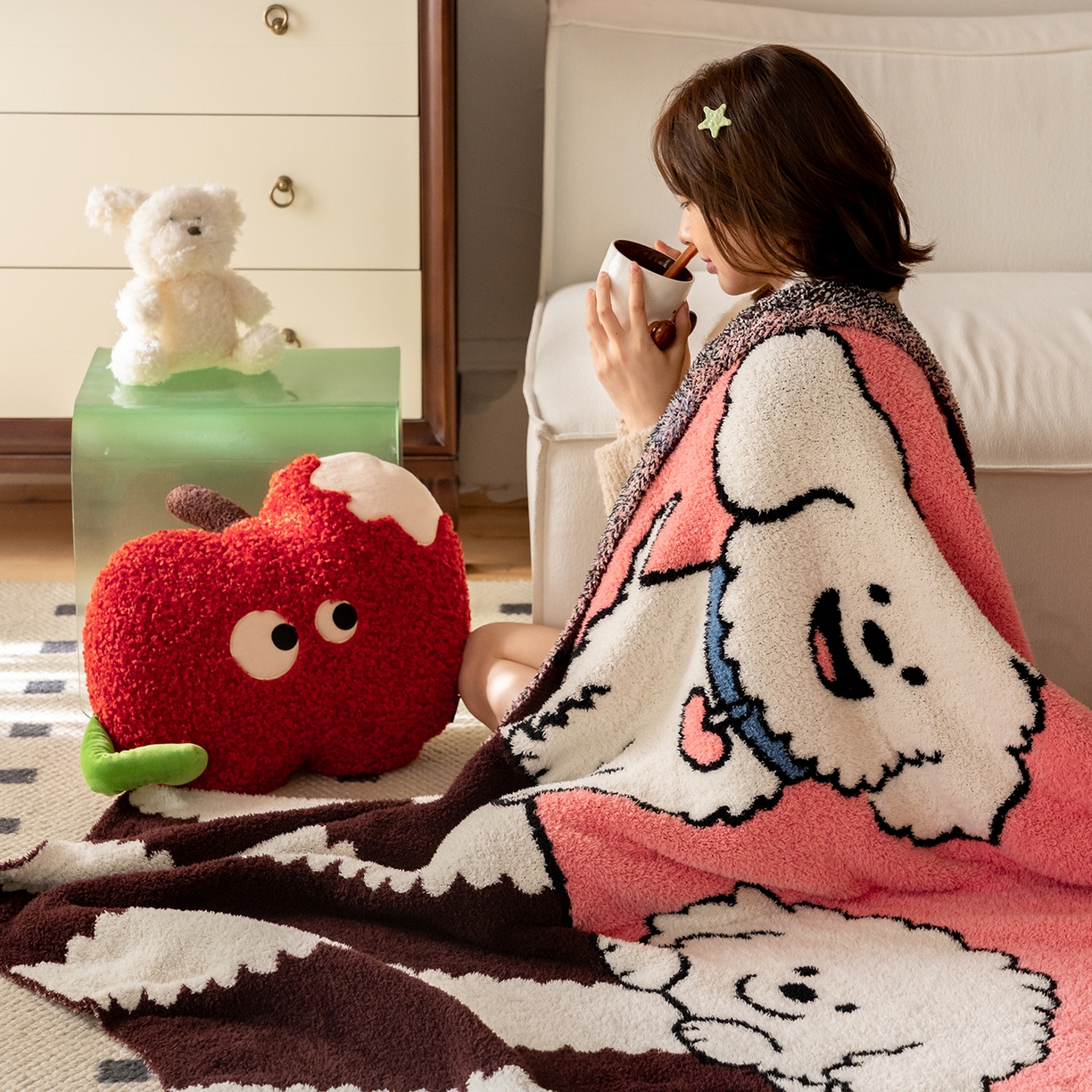 91家纺网 家纺一手货源 找家纺 多乐娜 2025新款原创设计半边绒毛毯盖毯沙发毯毯子 奶棕萌汪