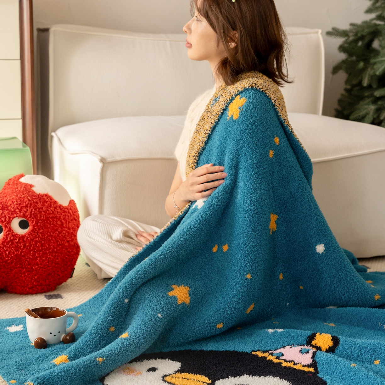 91家纺网 家纺一手货源 找家纺 多乐娜 2025新款原创设计半边绒毛毯盖毯沙发毯毯子 企鹅嘟嘟