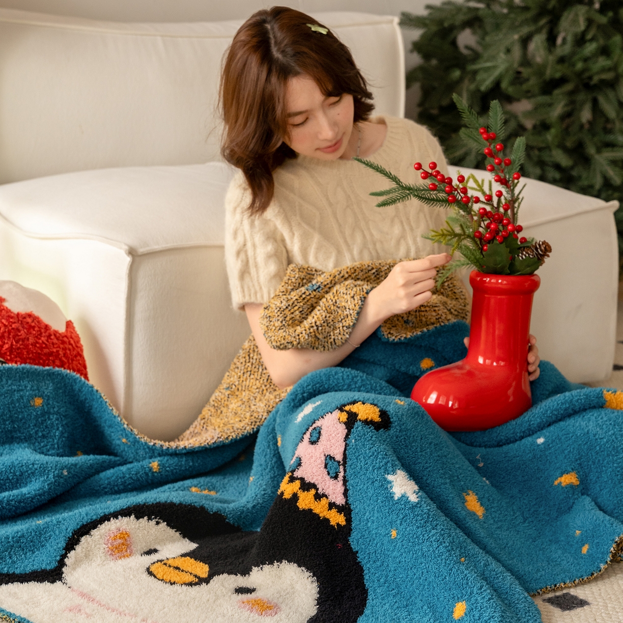 91家纺网 家纺一手货源 找家纺 多乐娜 2025新款原创设计半边绒毛毯盖毯沙发毯毯子 企鹅嘟嘟