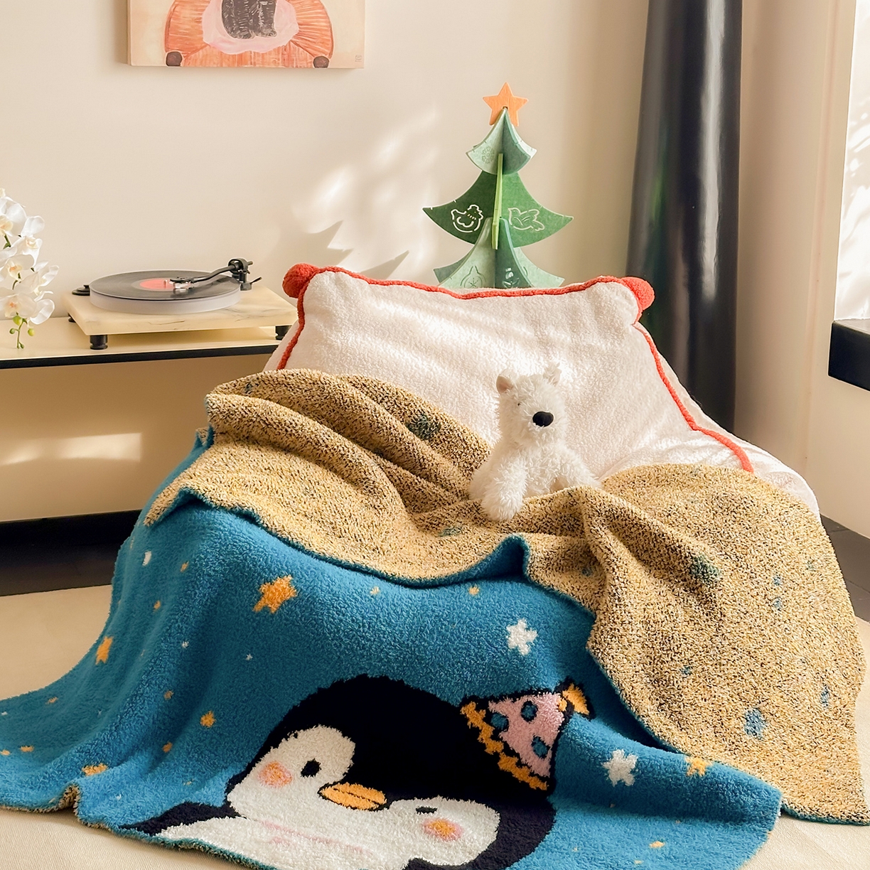 91家纺网 家纺一手货源 找家纺 多乐娜 2025新款原创设计半边绒毛毯盖毯沙发毯毯子 企鹅嘟嘟