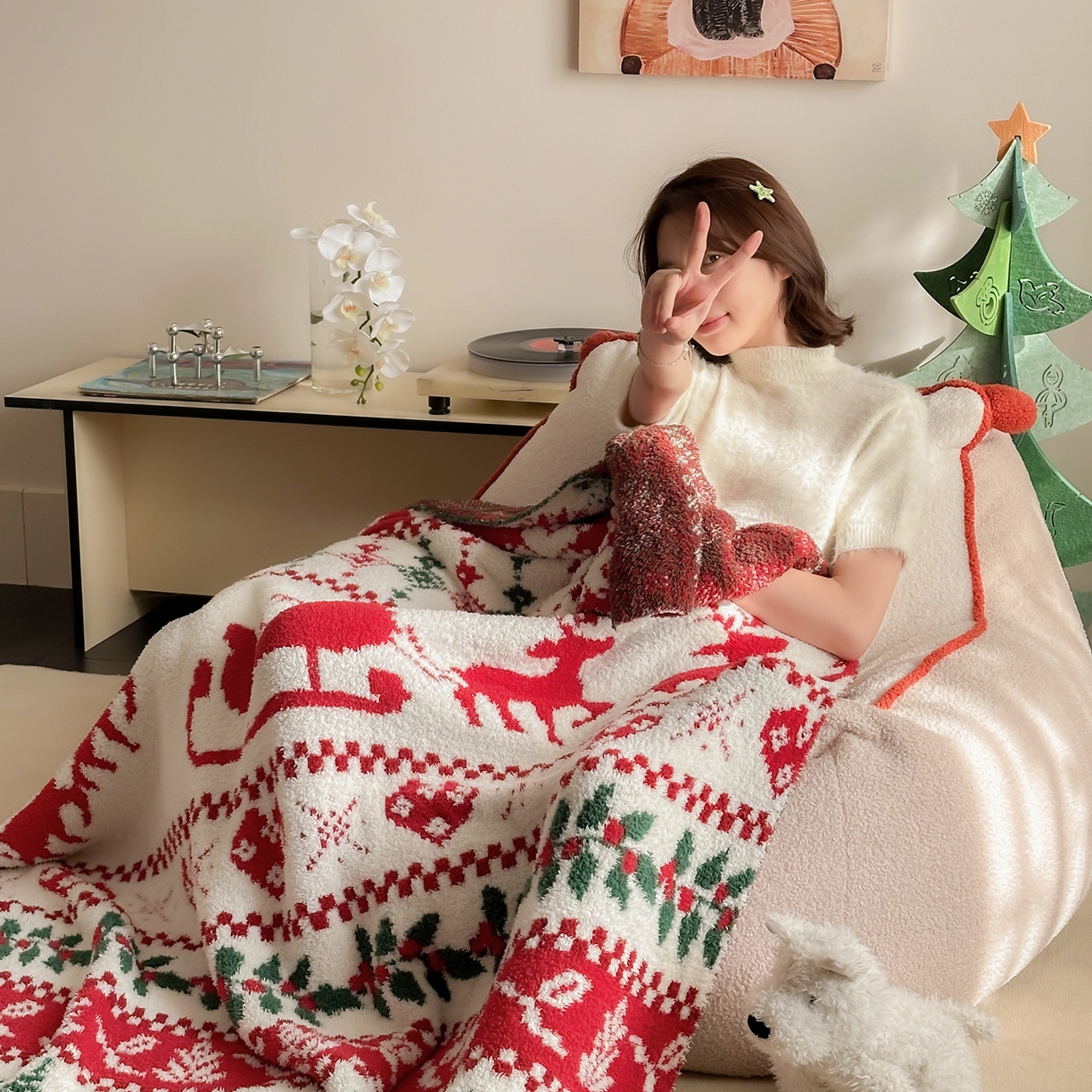 91家纺网 家纺一手货源 找家纺 多乐娜 2025新款原创设计半边绒毛毯盖毯沙发毯毯子 圣诞快乐