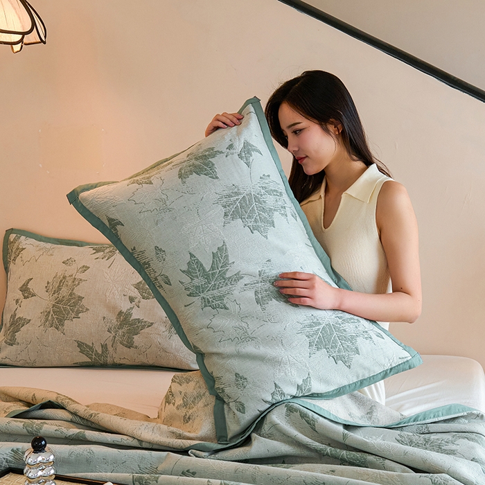 棠薇家纺 2025新款全棉纱布枕套厚枕套 枫叶竹青