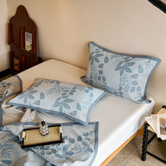 91家纺网 家纺一手货源 找家纺 棠薇家纺 2025新款全棉纱布枕套厚枕套 叶摇兰色