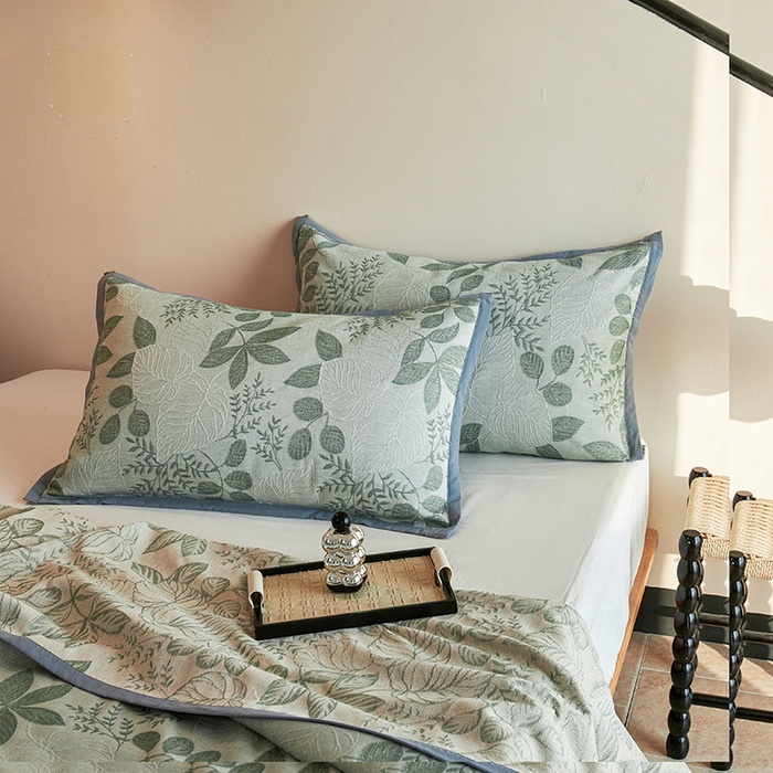 91家纺网 家纺一手货源 找家纺 棠薇家纺 2025新款全棉纱布枕套厚枕套 叶摇竹青