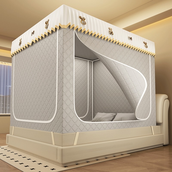 91家纺网 家纺一手货源 找家纺 （总）无瑕家居 2025新款加厚遮光防蚊拉链式纯色夹棉遮光款坐床防摔蚊帐床幔不漏风保暖蚊帐