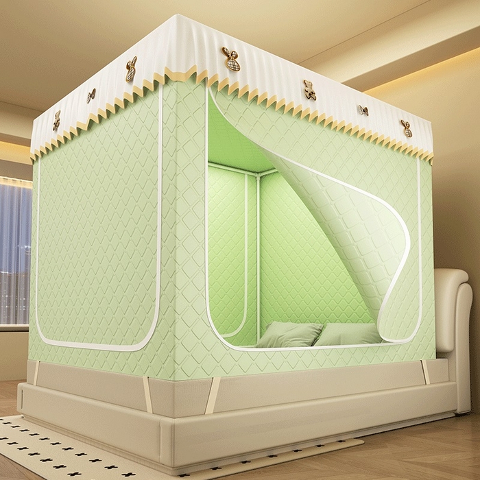 91家纺网 家纺一手货源 找家纺 （总）无瑕家居 2025新款加厚遮光防蚊拉链式纯色夹棉遮光款坐床防摔蚊帐床幔不漏风保暖蚊帐