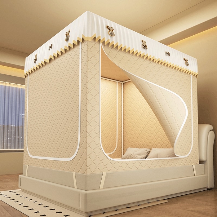 无瑕家居 2025新款加厚遮光防蚊拉链式纯色夹棉遮光款坐床防摔蚊帐床幔不漏风保暖蚊帐 小熊-奶油米【五面保暖夹棉】