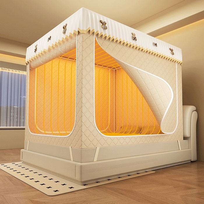 91家纺网 家纺一手货源 找家纺 无瑕家居 2025新款加厚遮光防蚊拉链式纯色夹棉遮光款坐床防摔蚊帐床幔不漏风保暖蚊帐 小熊-奶油米【五面保暖夹棉】