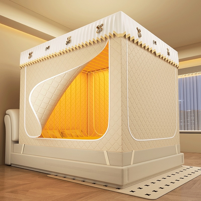 91家纺网 家纺一手货源 找家纺 无瑕家居 2025新款加厚遮光防蚊拉链式纯色夹棉遮光款坐床防摔蚊帐床幔不漏风保暖蚊帐 小熊-奶油米【五面保暖夹棉】