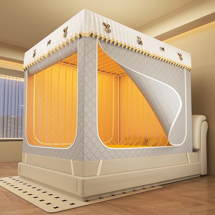 91家纺网 家纺一手货源 找家纺 无瑕家居 2025新款加厚遮光防蚊拉链式纯色夹棉遮光款坐床防摔蚊帐床幔不漏风保暖蚊帐 小熊-浅浅灰【五面保暖夹棉】