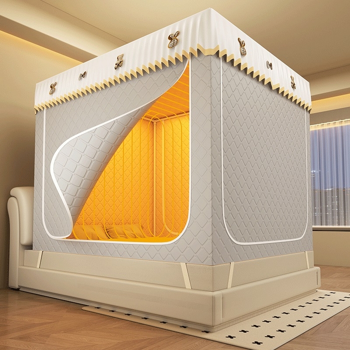 91家纺网 家纺一手货源 找家纺 无瑕家居 2025新款加厚遮光防蚊拉链式纯色夹棉遮光款坐床防摔蚊帐床幔不漏风保暖蚊帐 小熊-浅浅灰【五面保暖夹棉】