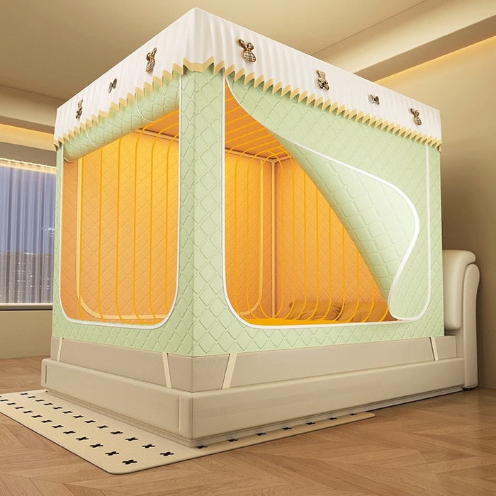 91家纺网 家纺一手货源 找家纺 无瑕家居 2025新款加厚遮光防蚊拉链式纯色夹棉遮光款坐床防摔蚊帐床幔不漏风保暖蚊帐 小熊-青春绿【五面保暖夹棉】