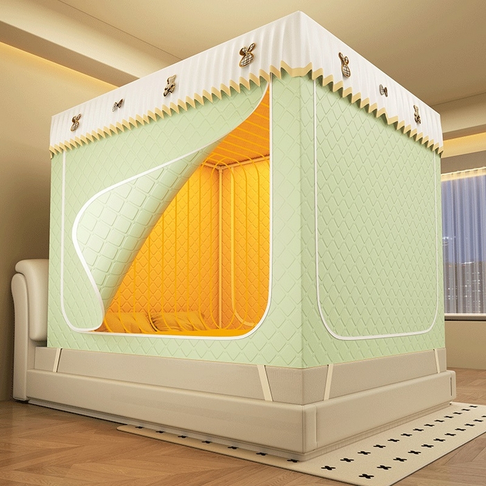 91家纺网 家纺一手货源 找家纺 无瑕家居 2025新款加厚遮光防蚊拉链式纯色夹棉遮光款坐床防摔蚊帐床幔不漏风保暖蚊帐 小熊-青春绿【五面保暖夹棉】